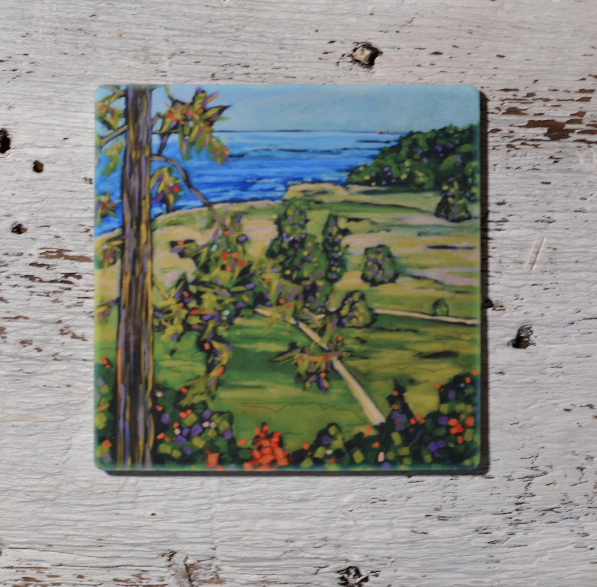 Set of coasters featuring coastal art of Rosy Mound, Grand Haven beach and sand dunes