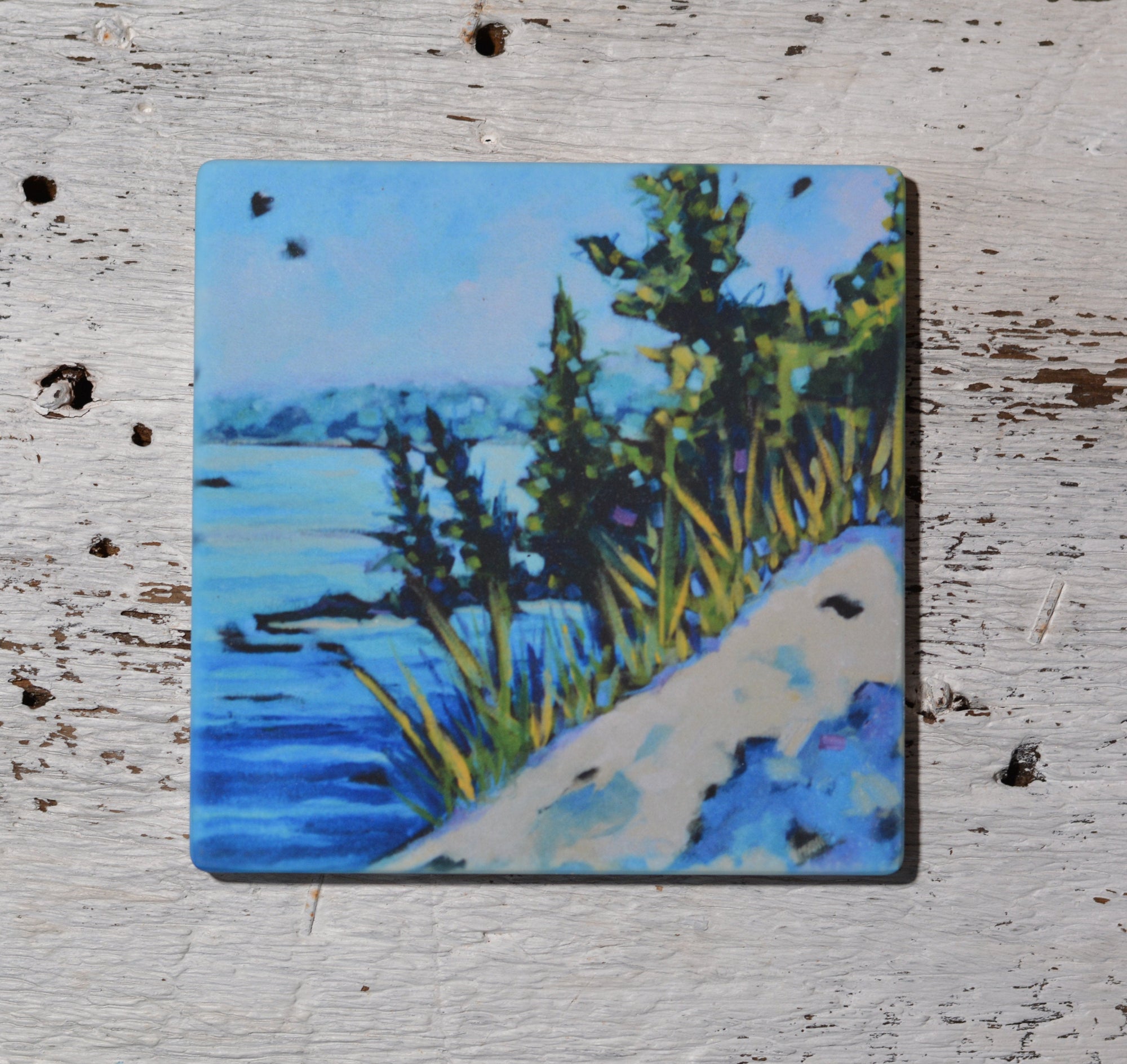 Coaster and trivet art pieces displaying colorful original paintings alongside a ceramic tile magnet