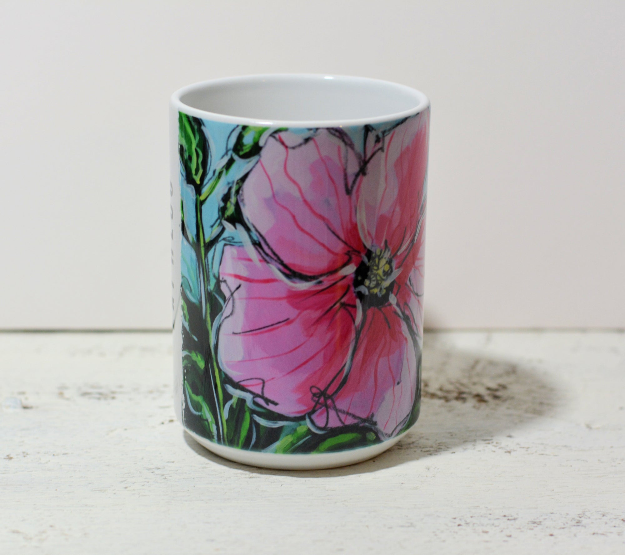 Ceramic mugs and stainless steel tumbler featuring Pink Hibiscus artwork by Christi Dreese
