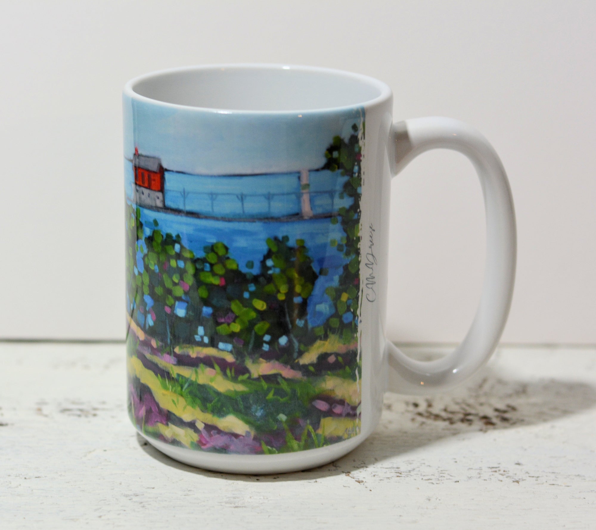 Ceramic coffee mugs and stainless steel tumbler from Rosy Mound Grand Haven Michigan collection by Dreese Fine Art