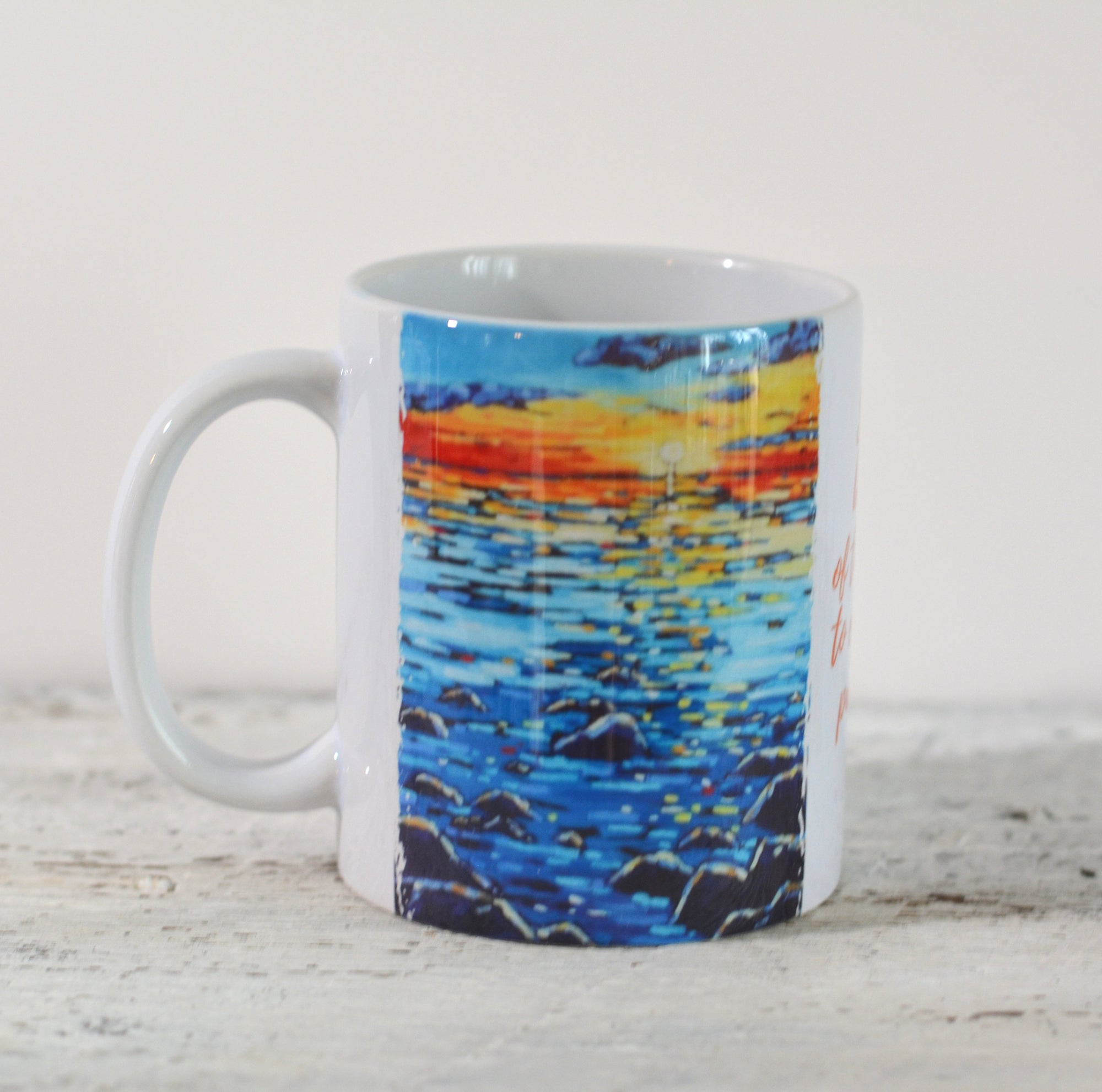 Ceramic mugs and stainless-steel tumbler from Drinkware-Summer Sunset collection featuring original art designs by Christi Dreese.