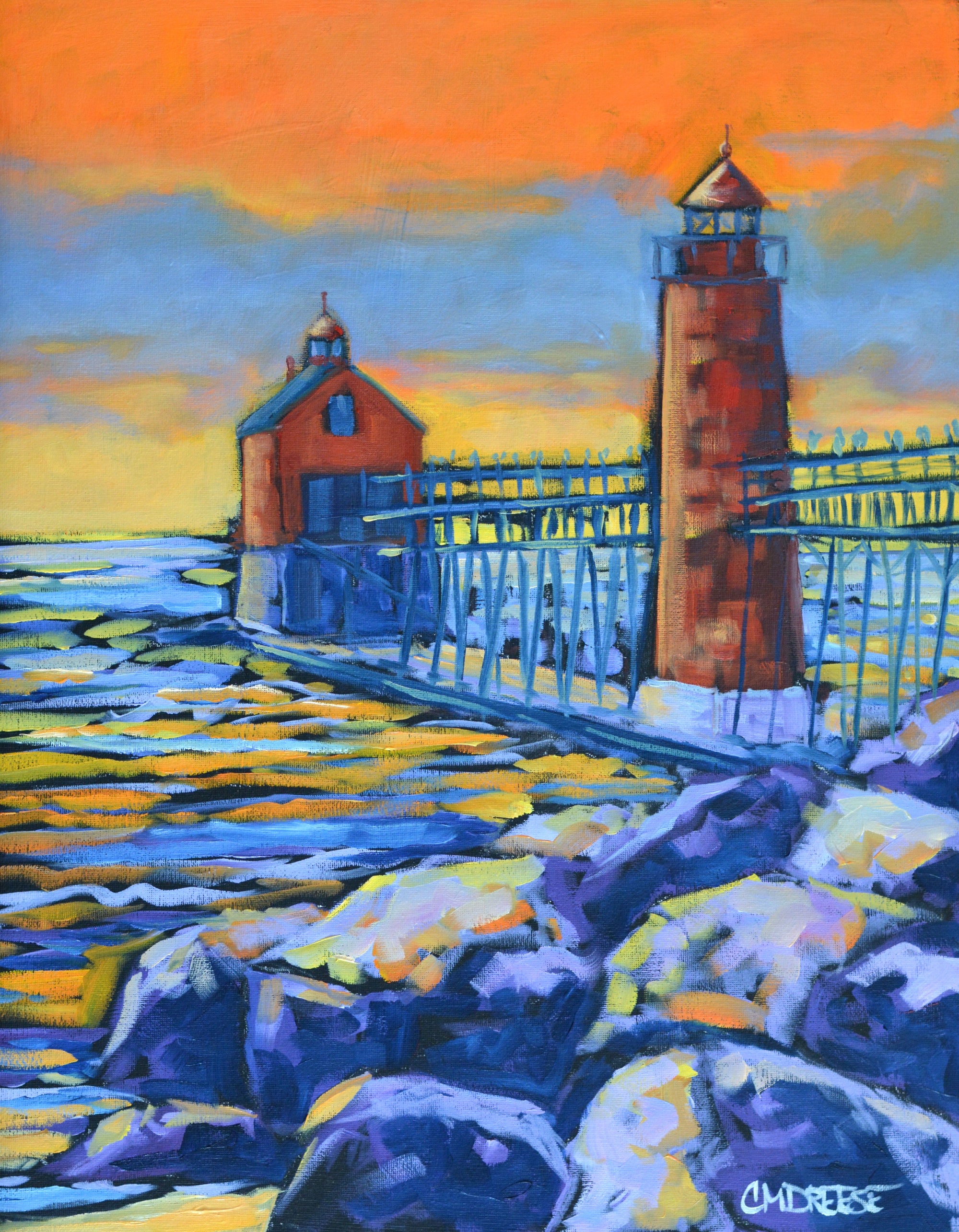 "Grand Haven Lighthouse: Burning Sky by Dreese Fine Art - main product image for Resin Society"