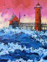 "Pink Sky at Night Lighthouse" Grand Haven Sunset Lighthouse Print - Wall Art by Dreese Fine Art - Resin Society