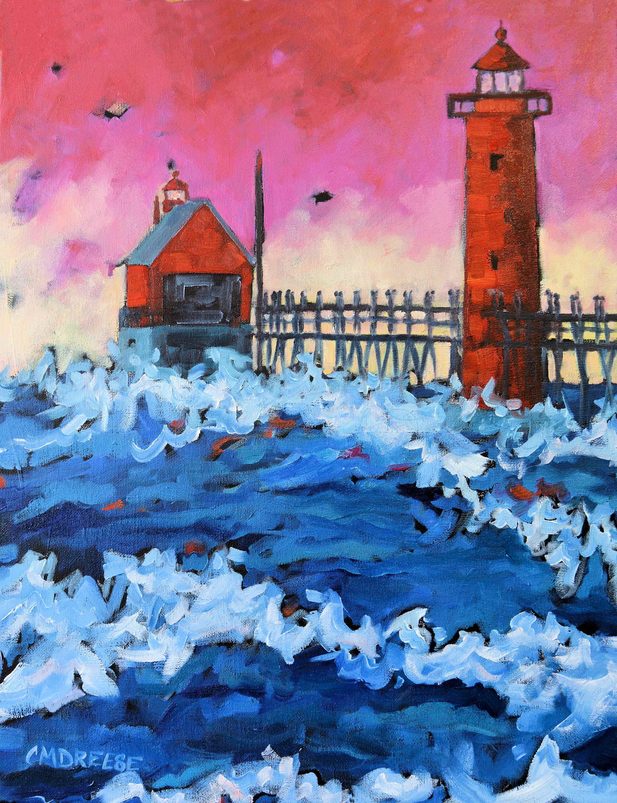 "Pink Sky at Night Lighthouse" Grand Haven Sunset Lighthouse Print - Wall Art by Dreese Fine Art - Resin Society
