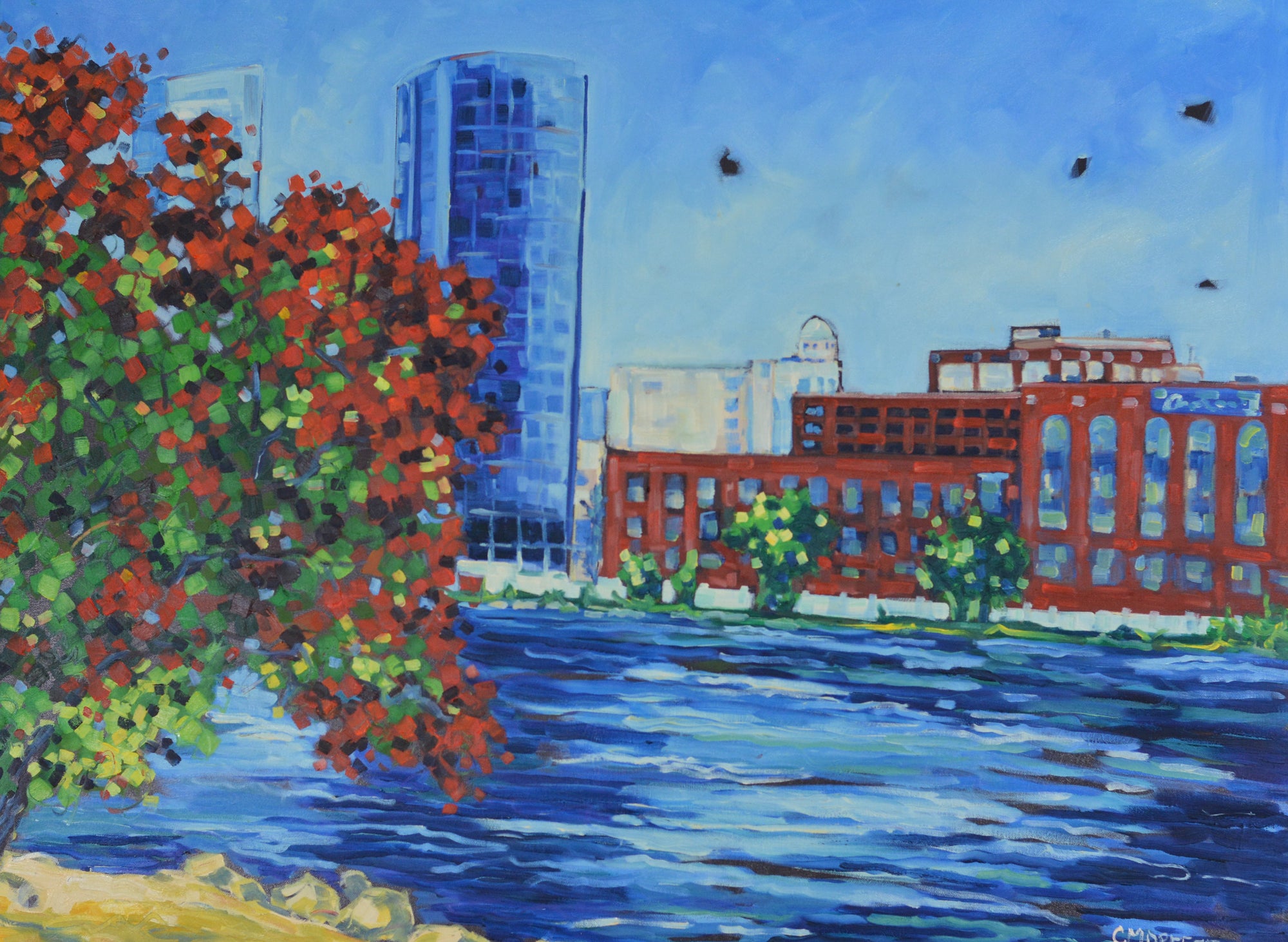"Downtown Grand Rapids Along the River" Oil Painting on Canvas by Dreese Fine Art - main product image for Resin Society