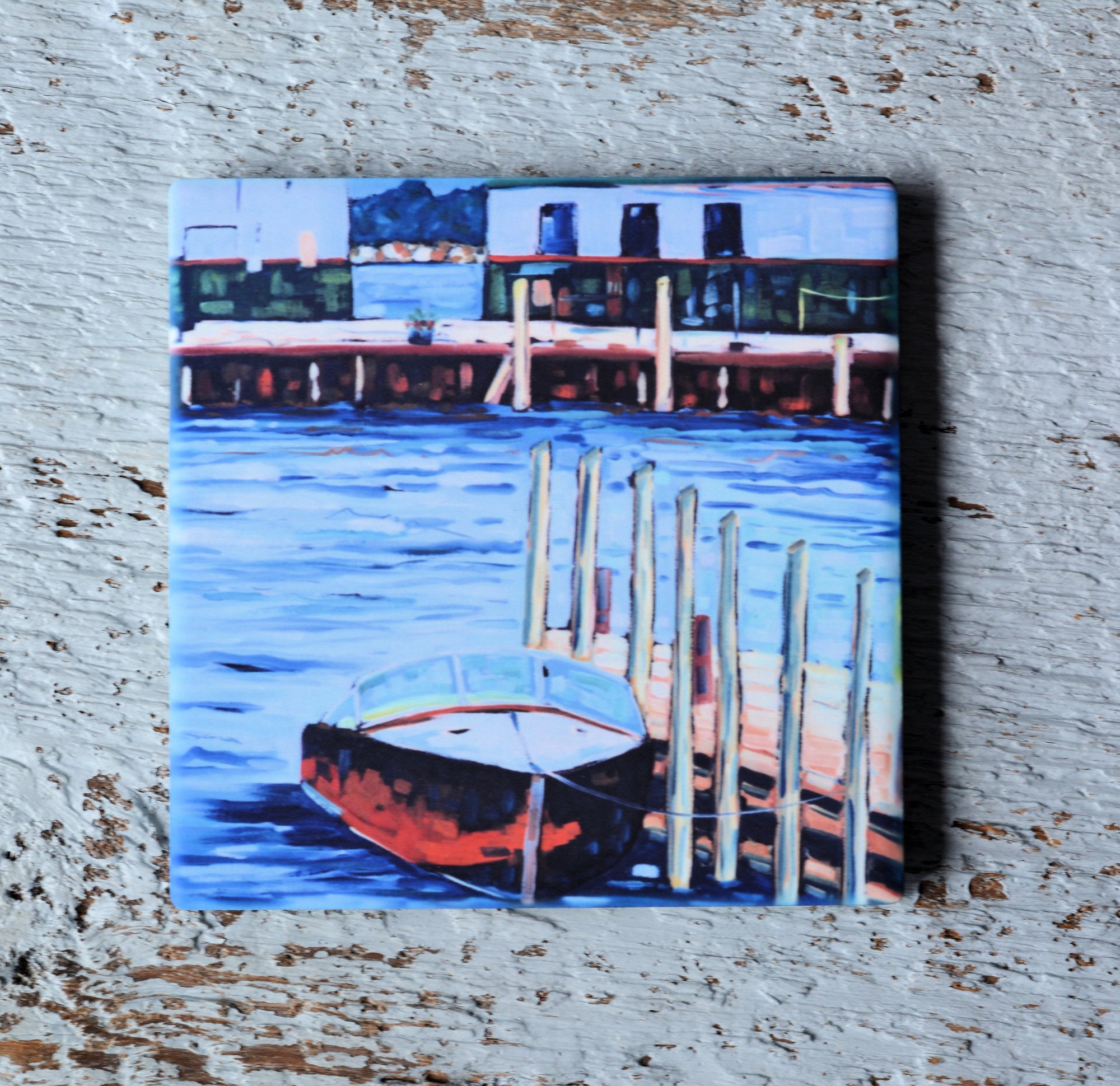 Bright, happy art coasters with coastal-themed design by Christi Dreese