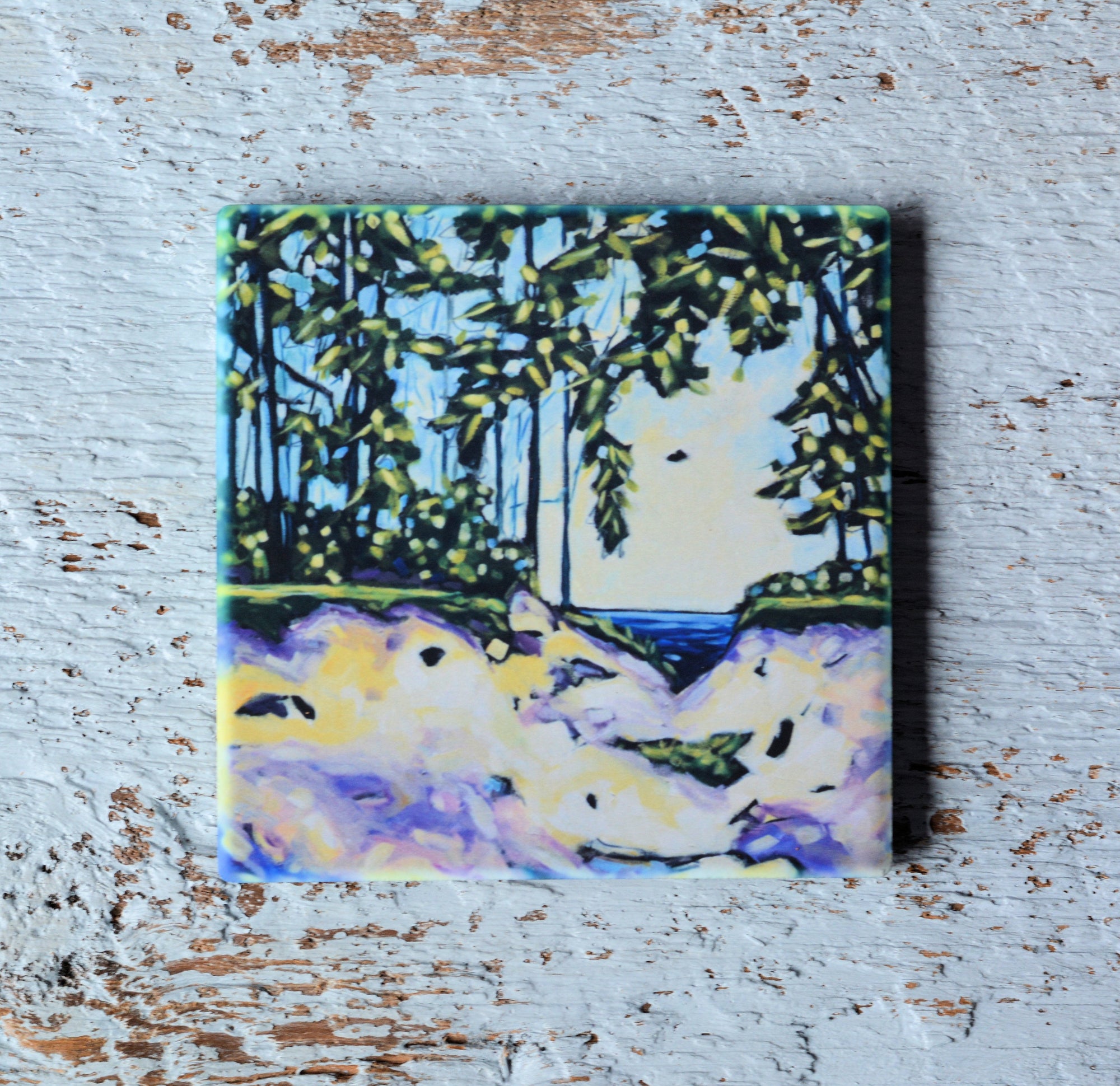 Coaster, trivet, and magnet featuring colorful artwork 'I Follow My Heart and It Leads Me To the Lake' by Christi Dreese Fine Art