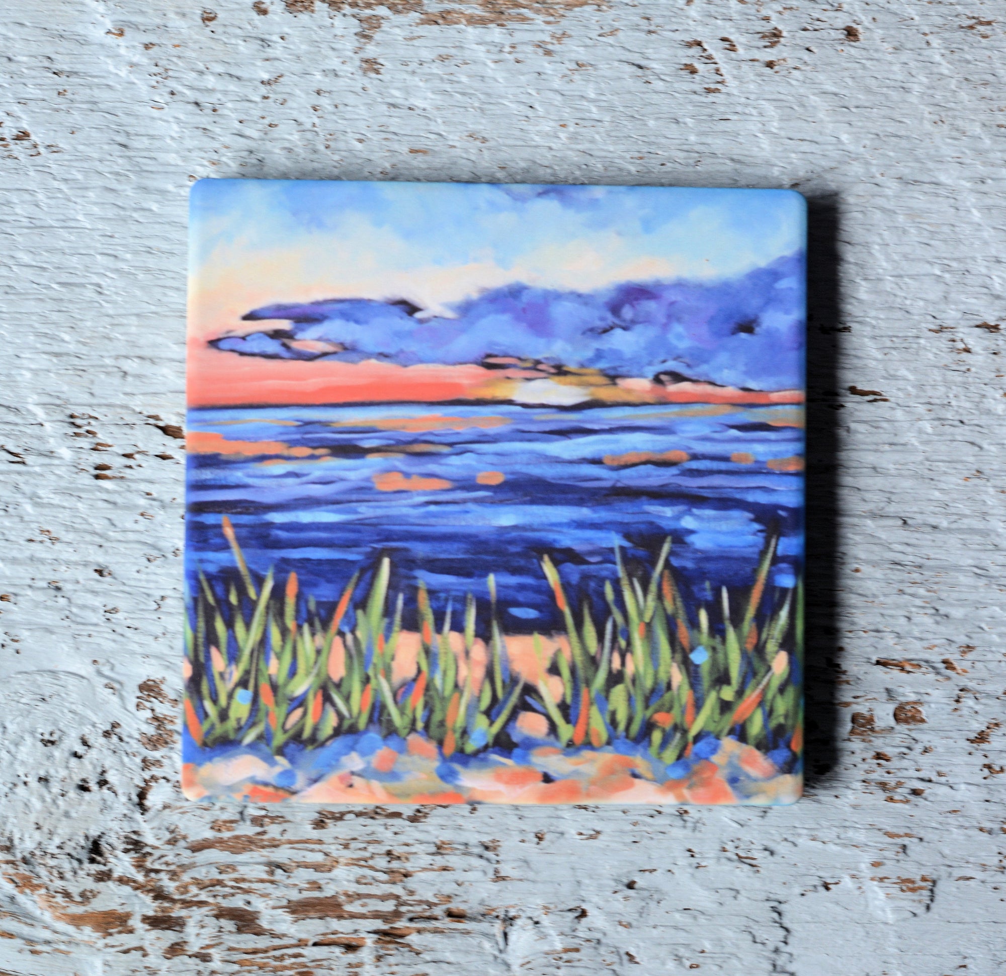 Coaster, trivet, and magnet from Dreese Fine Art featuring bright, playful patterns in a home setting.