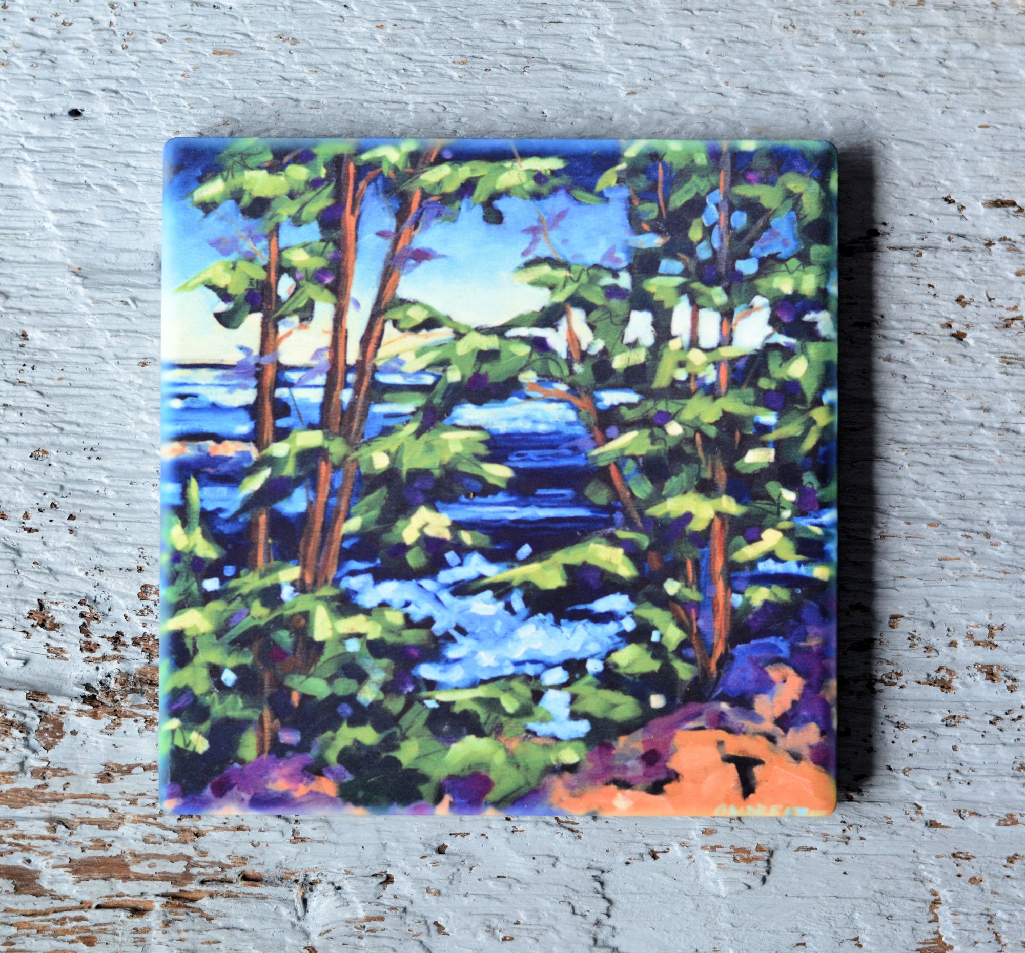 Brightly colored drink coasters featuring original art by Christi Dreese with a cork backing shown alongside a magnet and trivet option.