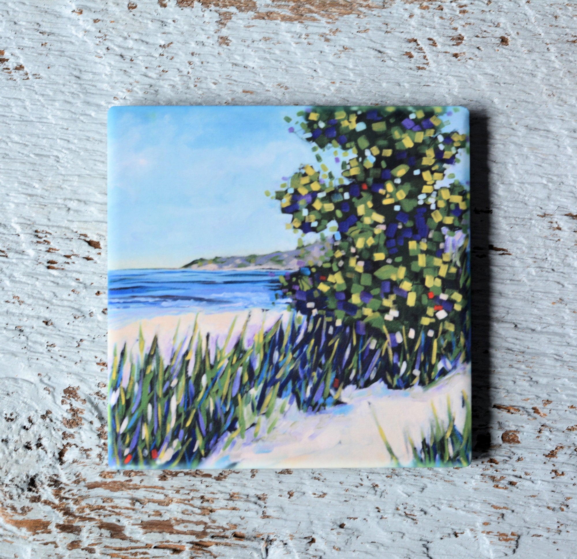 Brightly colored art coasters, trivets, and a ceramic magnet from Dreese Fine Art featuring coastal oil painting designs