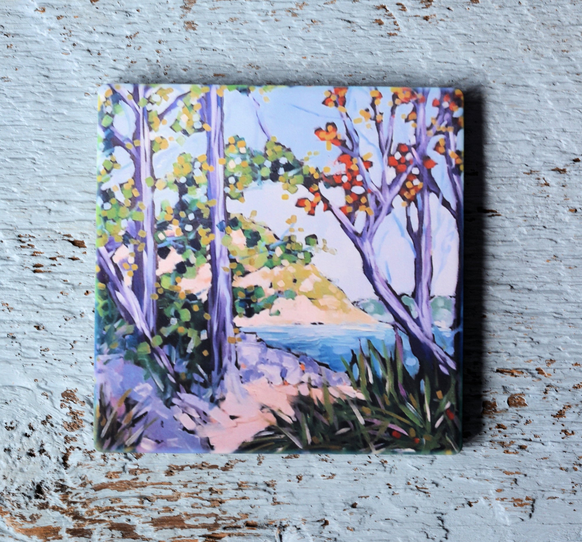 Bright and colorful coaster, trivet, and magnet featuring Christi Dreese's artwork with vivid lake-inspired design
