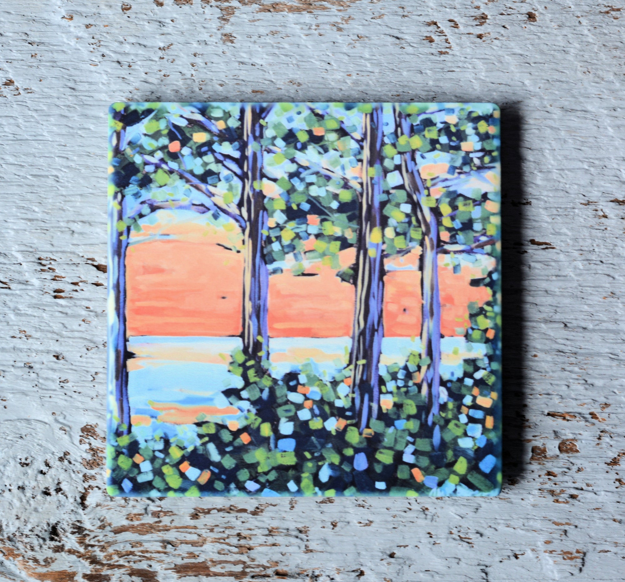 Coaster, trivet, and magnet versions of Sunset at Maranatha featuring colorful, vibrant art by Christi Dreese