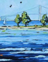 "Sailing at Mackinac Island" Mackinac Bridge Sailboat Glass Art Print by Dreese Fine Art - Resin Society