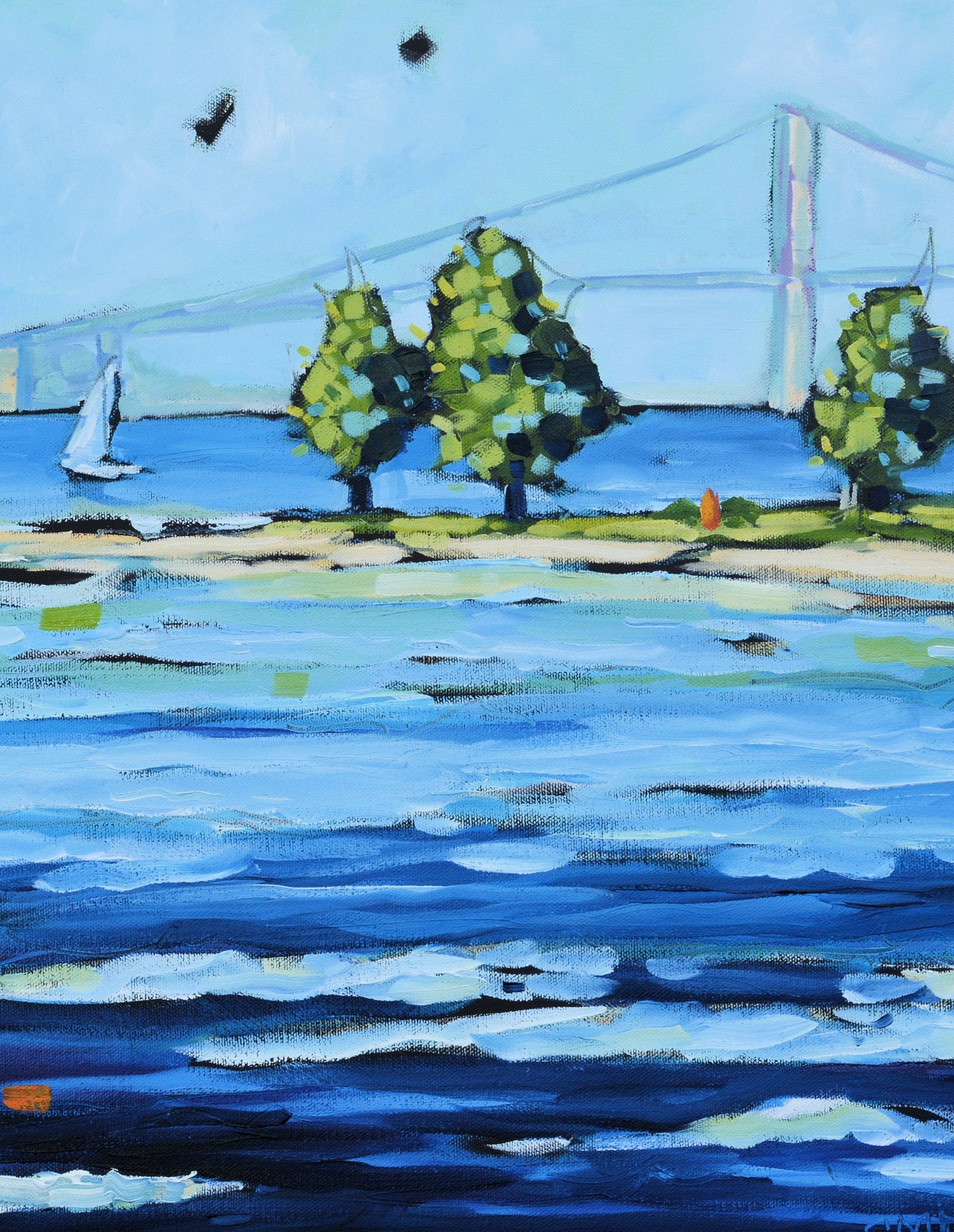 "Sailing at Mackinac Island" Mackinac Bridge Sailboat Glass Art Print by Dreese Fine Art - Resin Society