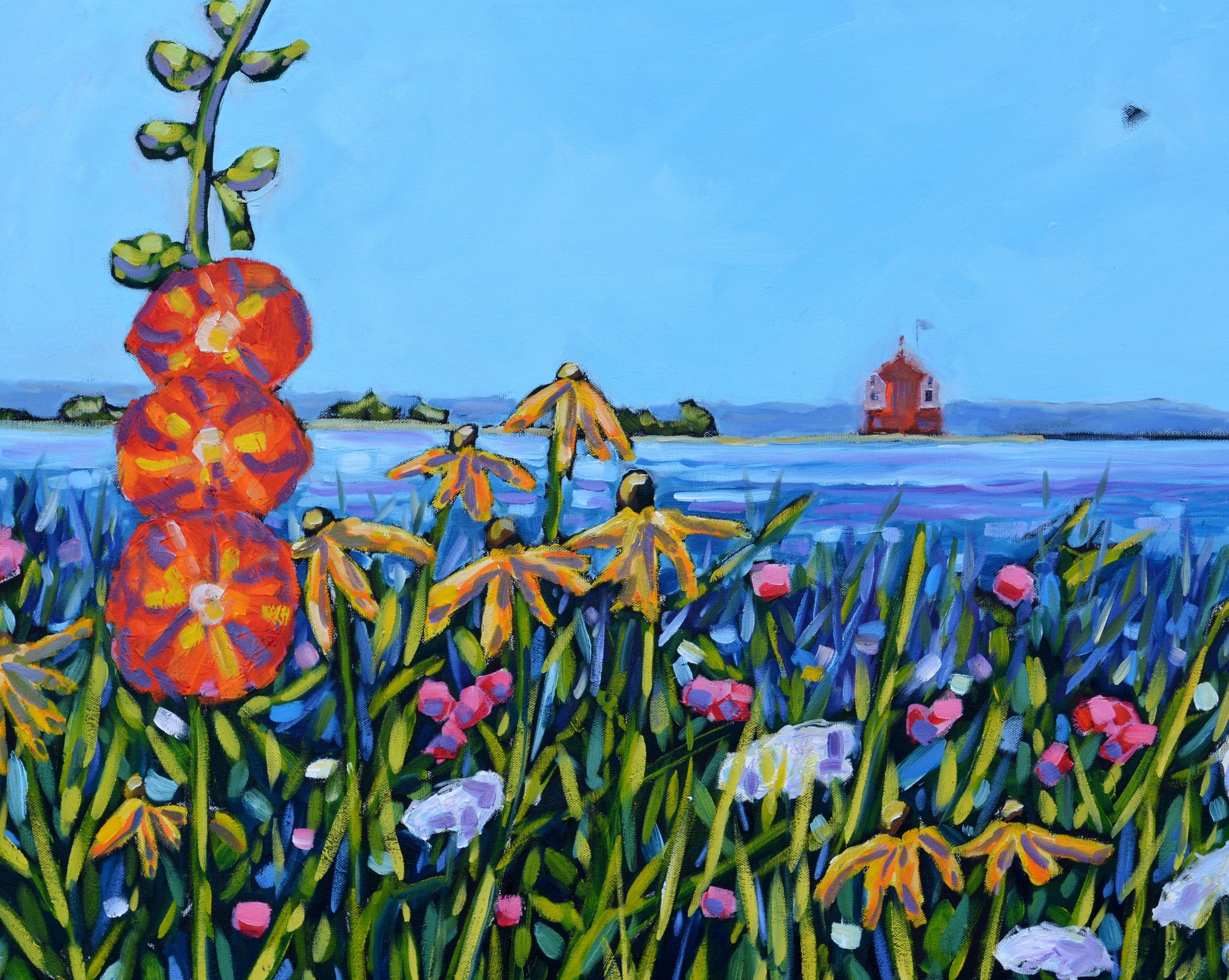 "Hollyhock Views on Mackinac Island" Flower Glass Art Print by Dreese Fine Art - Resin Society