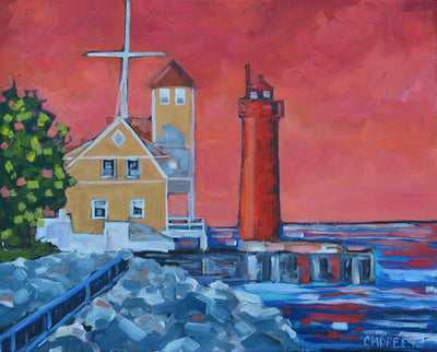 "Muskegon Lighthouse" Sunset Lighthouse Glass Art Print by Dreese Fine Art - Resin Society