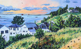 Painting of a coastal landscape featuring white houses with dark roofs nestled on a green hillside overlooking a calm sea under a pink and blue cloudy sky at sunset.