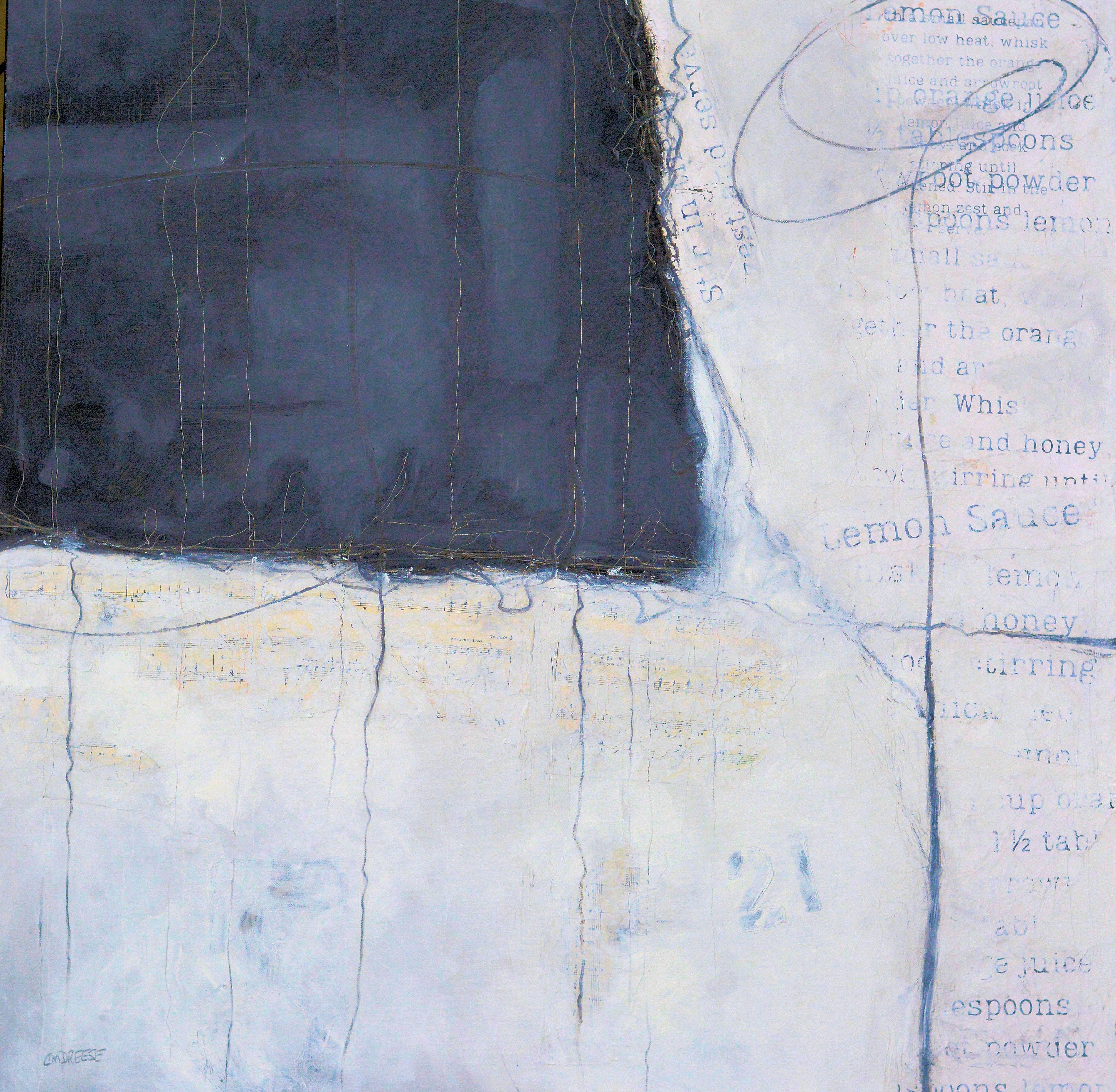 "What's in the Sauce?" Mixed Media: Oil, Cold Wax and Collage on Canvas. Artist Christi Dreese