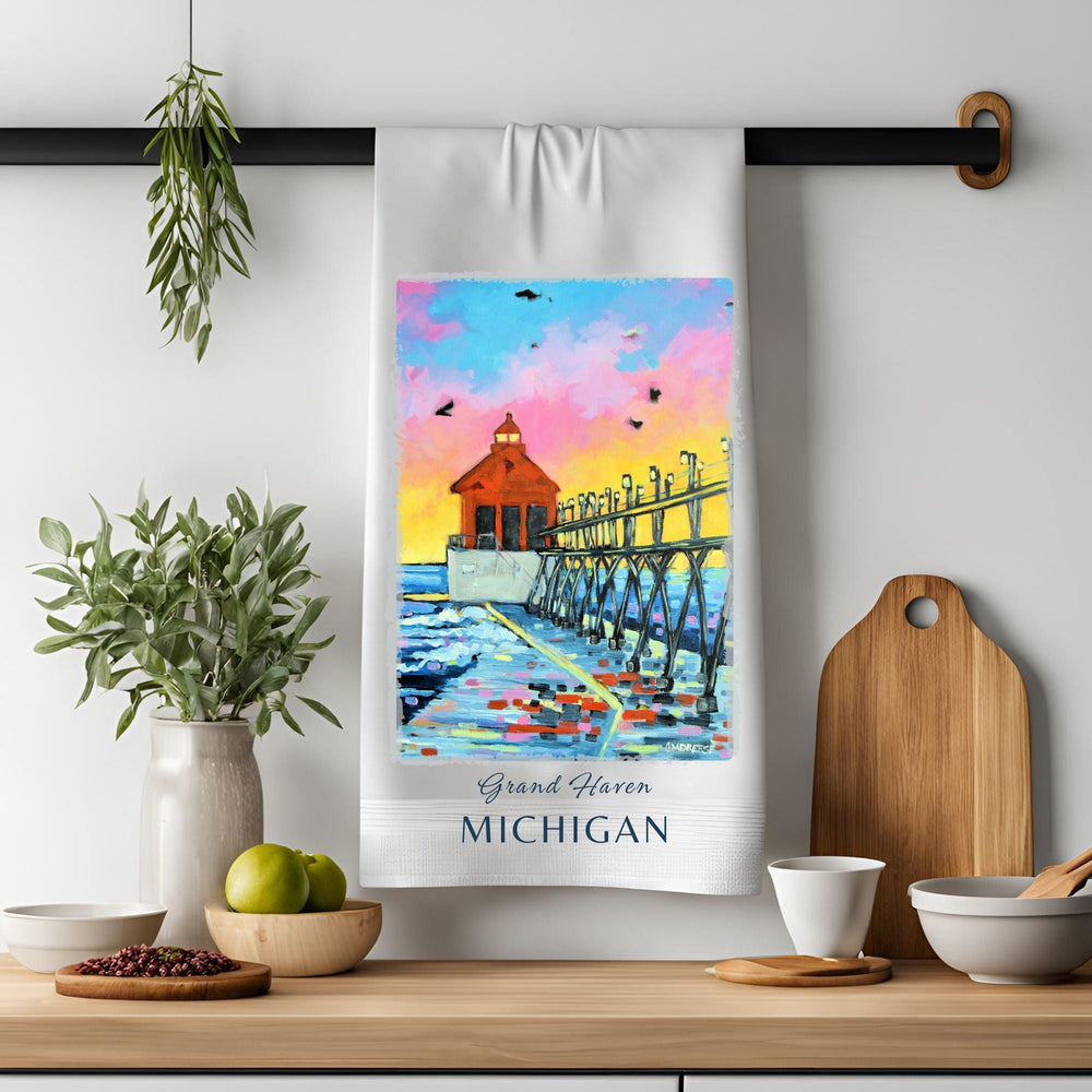 Dish Towel - "Grand Haven Sunset Lighthouse" by Dreese Fine Art - Resin Society
