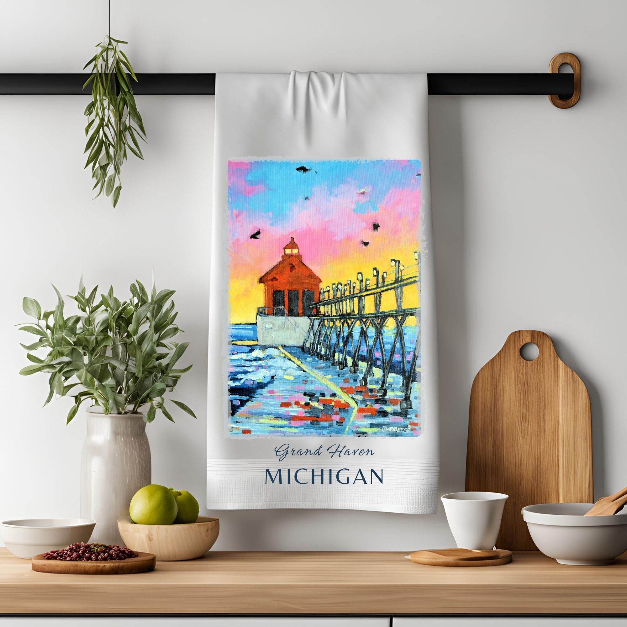 Dish Towel - "Grand Haven Sunset Lighthouse" by Dreese Fine Art - Resin Society