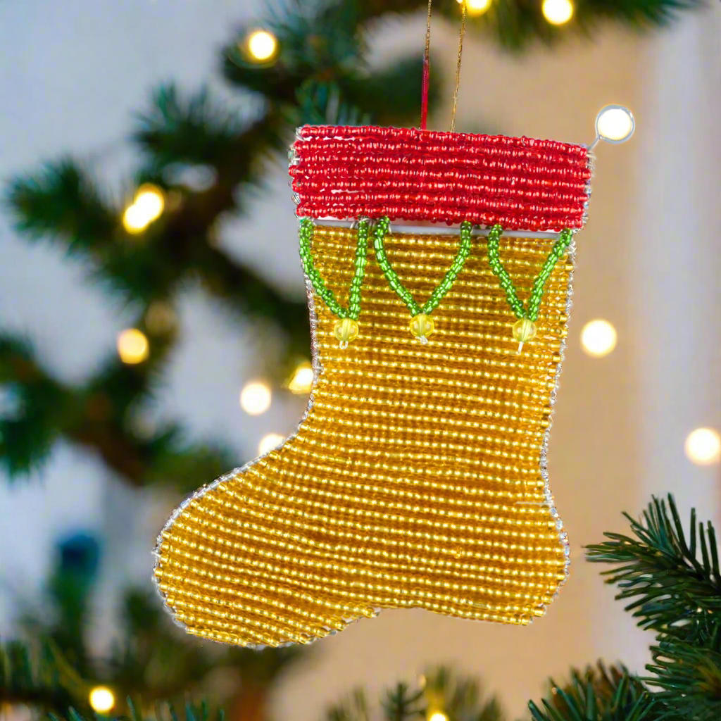 Handmade Beaded Christmas Stocking Ornament with shimmering beads in red, green, white, black, and cream hues