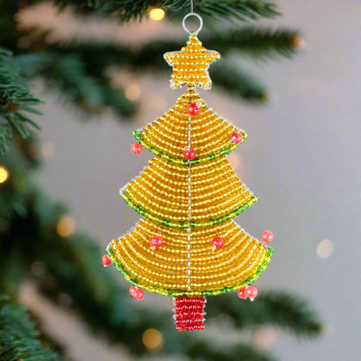 Beaded Christmas Tree with Star Ornament â€“ Handmade Holiday DÃ©cor by Haitian Artisans.