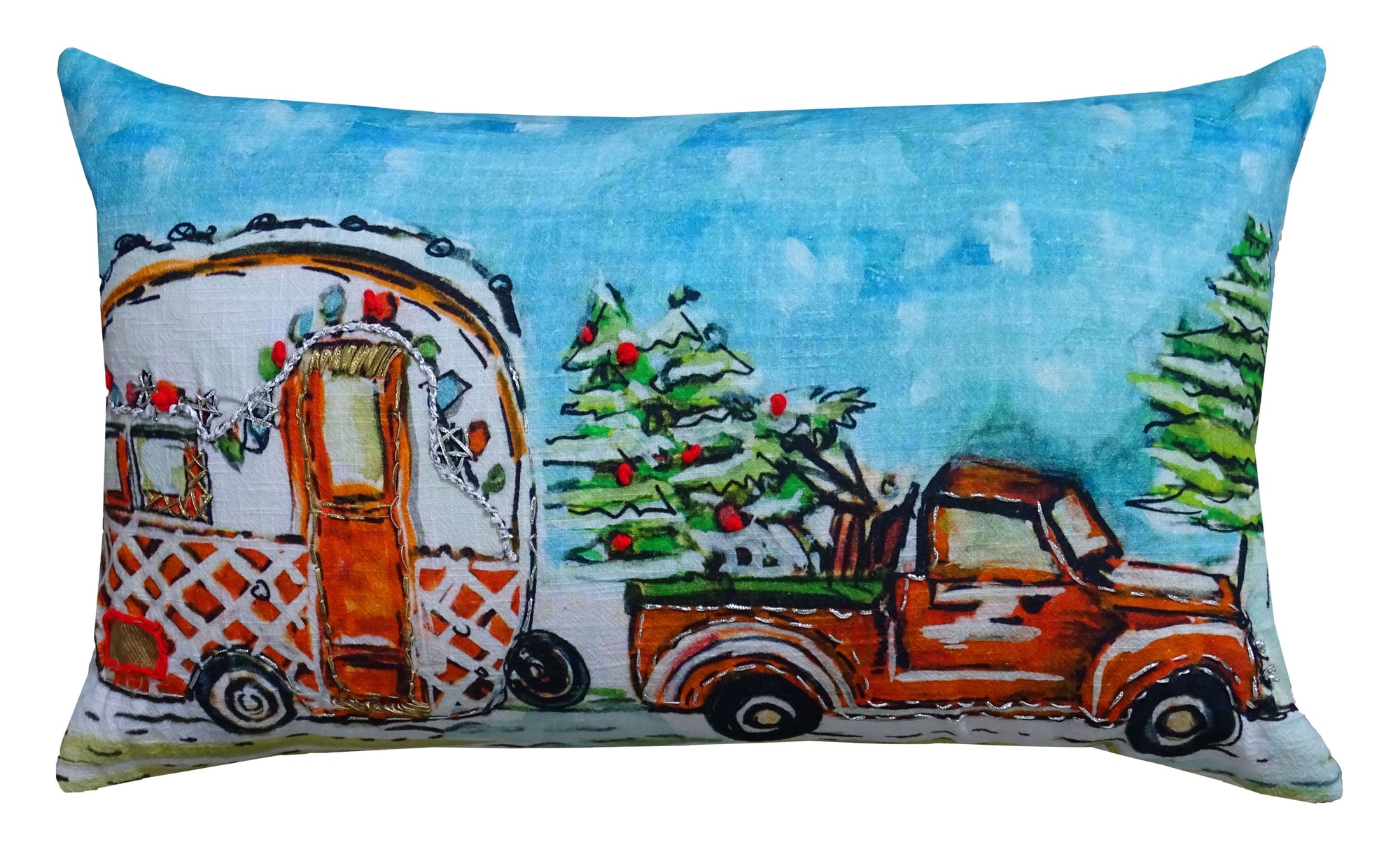 Hand Illustrated Christmas Cravan Holiday Pillow showing festive pattern in red and green tones on a sofa