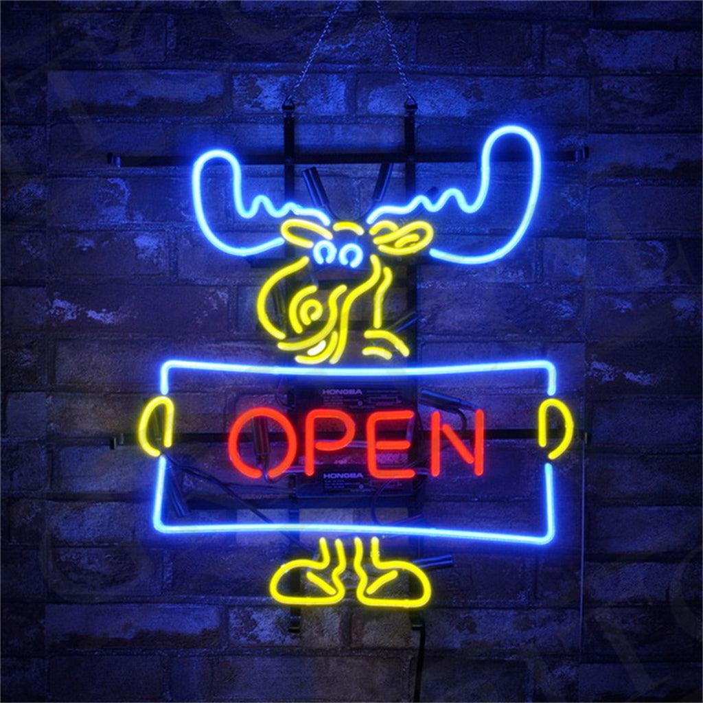Neon sign of a yellow moose holding a blue rectangular board with the red word OPEN, set against a dark brick wall.
