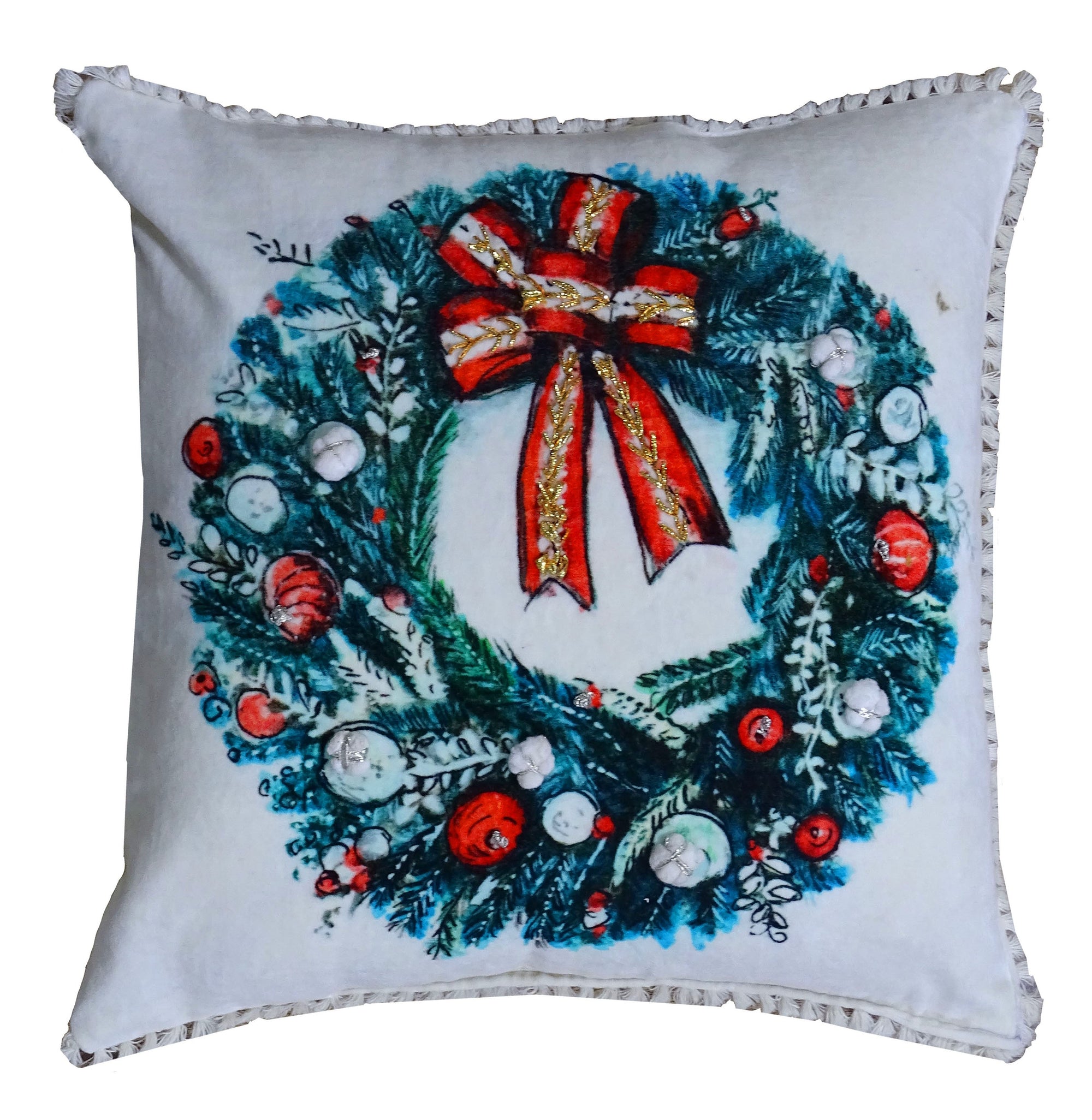 Christmas Wreath Holiday Decorative Pillow 18x18 displaying intricate holiday wreath embroidery on fabric