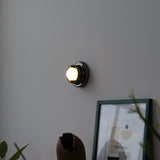 Round black metal sconce with a glowing white bulb mounted on a light gray wall above a framed minimalist abstract artwork and green plant leaves.