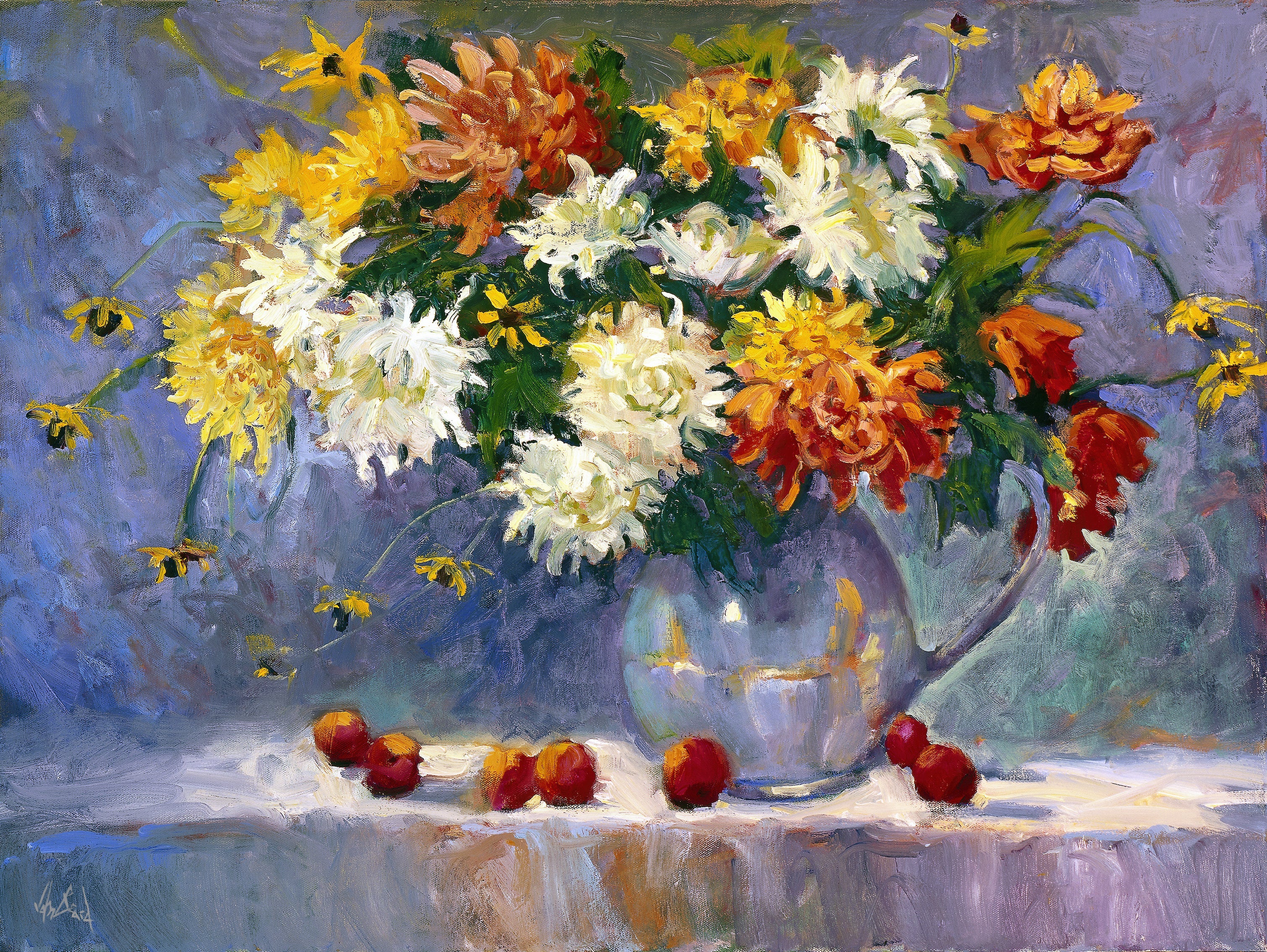 Chrysanthemums Artist Enhanced Canvas Print by John Beard Collection - main product image for Resin Society