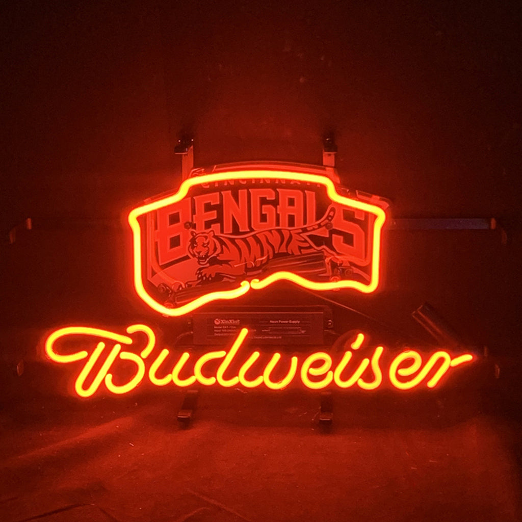 Cincinnati Bengals Budweiser Neon Sign glowing on acrylic backing with metal grid