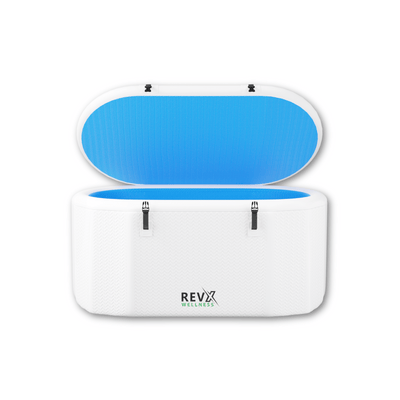 RevX Inflatable Tub Classic in light blue inflated with lid on a white background