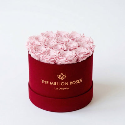 Classic Bordeaux suede box filled with light pink roses