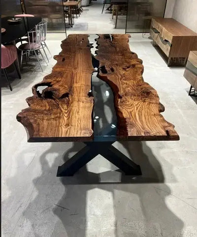 Live edge chestnut wood dining table with epoxy resin river and black legs