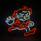 Neon sign featuring a stylized cartoon figure outlined in bright red and white lights, depicting a running person with an expressive face and a raised hand.