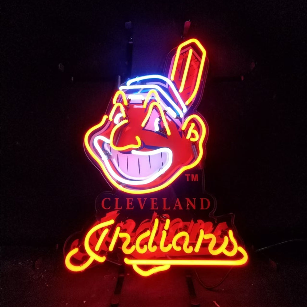 Cleveland Indians Neon Sign lit up on wall with vibrant blue and red neon glow
