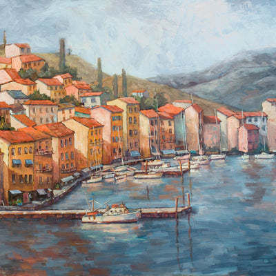 Coastal Italian Village canvas print showing a serene depiction of an Italian coastal town, mounted gallery wrap on canvas
