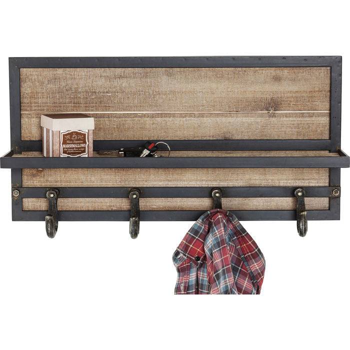 Coat Rack Cottage by DEKOR showing steel frame, lacquered fir back panel, shelf, and hooks