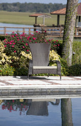 Brown synthetic wicker chair with beige cushion sitting on poolside patio tiles, reflected in water, with flowering bushes, tree trunk, and lake in background.
