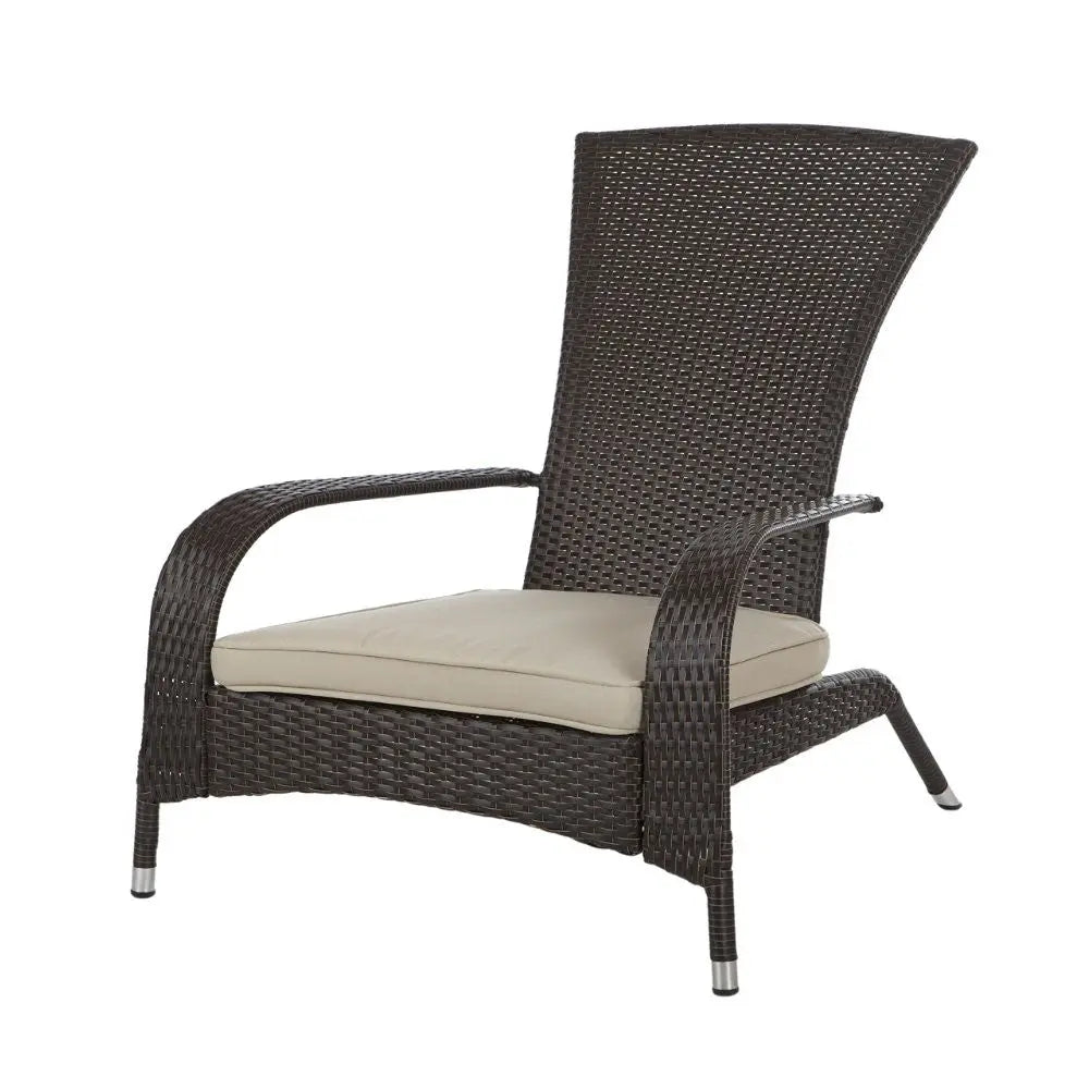 Dark brown woven wicker armchair with a high curved back and angled legs, featuring a cushioned beige seat pad.
