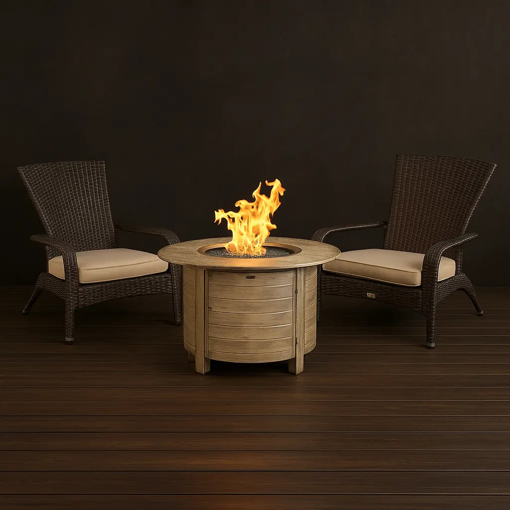 Two brown wicker armchairs with beige cushions flank a round wooden fire pit table with a visible flame in the center, set against a dark brown wall and wood floor.