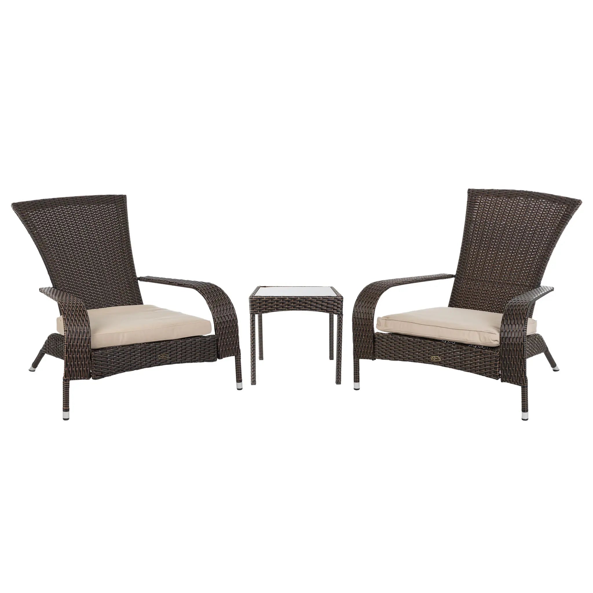 Coconino Wicker Conversation Set with mocha wicker chairs featuring khaki cushions and a glass-topped side table on an outdoor patio