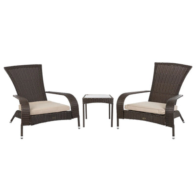 Coconino Wicker Conversation Set with mocha wicker chairs featuring khaki cushions and a glass-topped side table on an outdoor patio