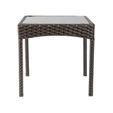 Square outdoor side table with dark brown wicker weave and a smooth black glass top, shown from the front on white background.