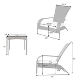 Gray wicker lounge chair with curved armrests and angled back, shown from front and side with measurements, alongside a matching 14x14 inch square side table.