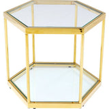 Hexagonal glass coffee table Comb Gold 45 with gold-coloured steel frame and lower glass shelf