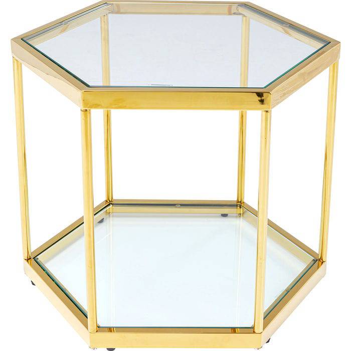 Hexagonal glass coffee table Comb Gold 45 with gold-coloured steel frame and lower glass shelf