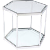 Coffee Table Comb Silver 45 with hexagonal glass top and silver steel frame