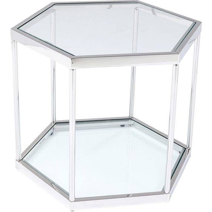 Coffee Table Comb Silver 45 with hexagonal glass top and silver steel frame